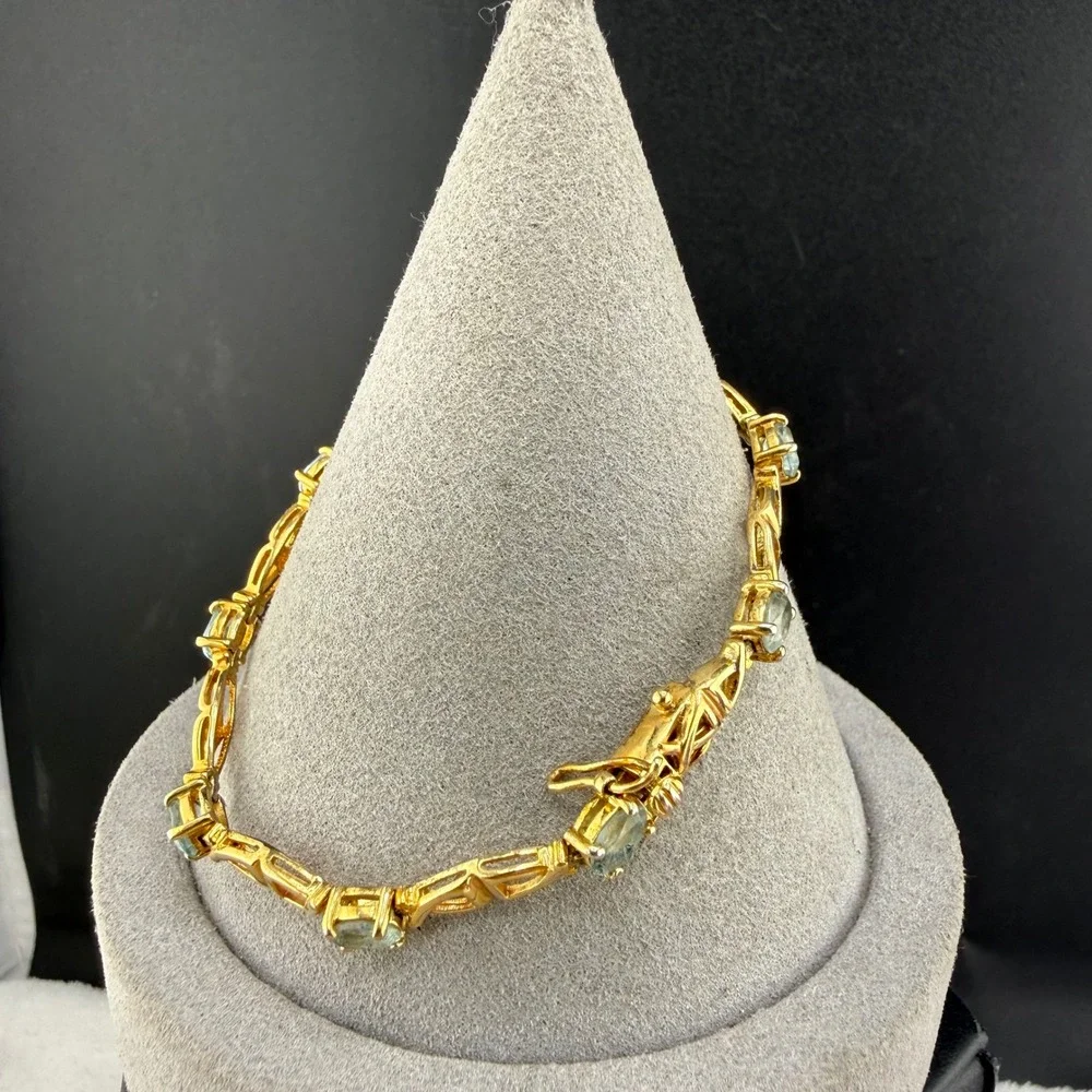 Tennis Bracelet Gold Tone Blue Stone 925 Sterling Silver JJT 7